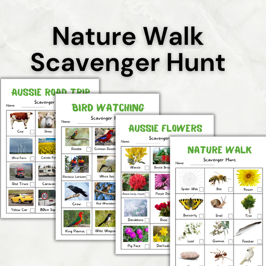 Nature Walk Scavenger Hunt Printable Checklist. Australian flowers, trees, animals, Aussie Birds