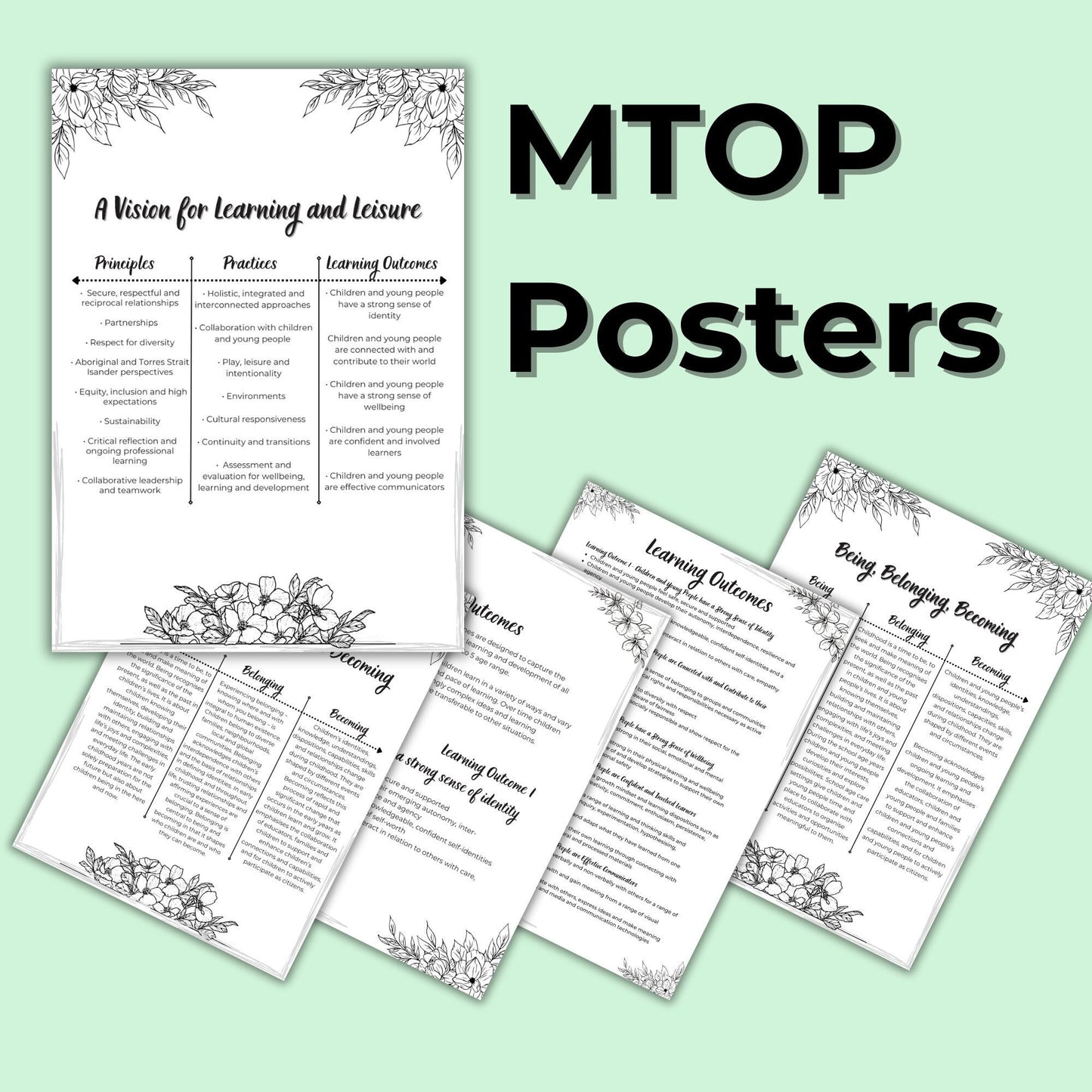 MTOP 2.0 Updated Posters and Cheat Sheets - Minimalist Design for Learning Outcomes, Principles and Practices Early Years Learning Framework