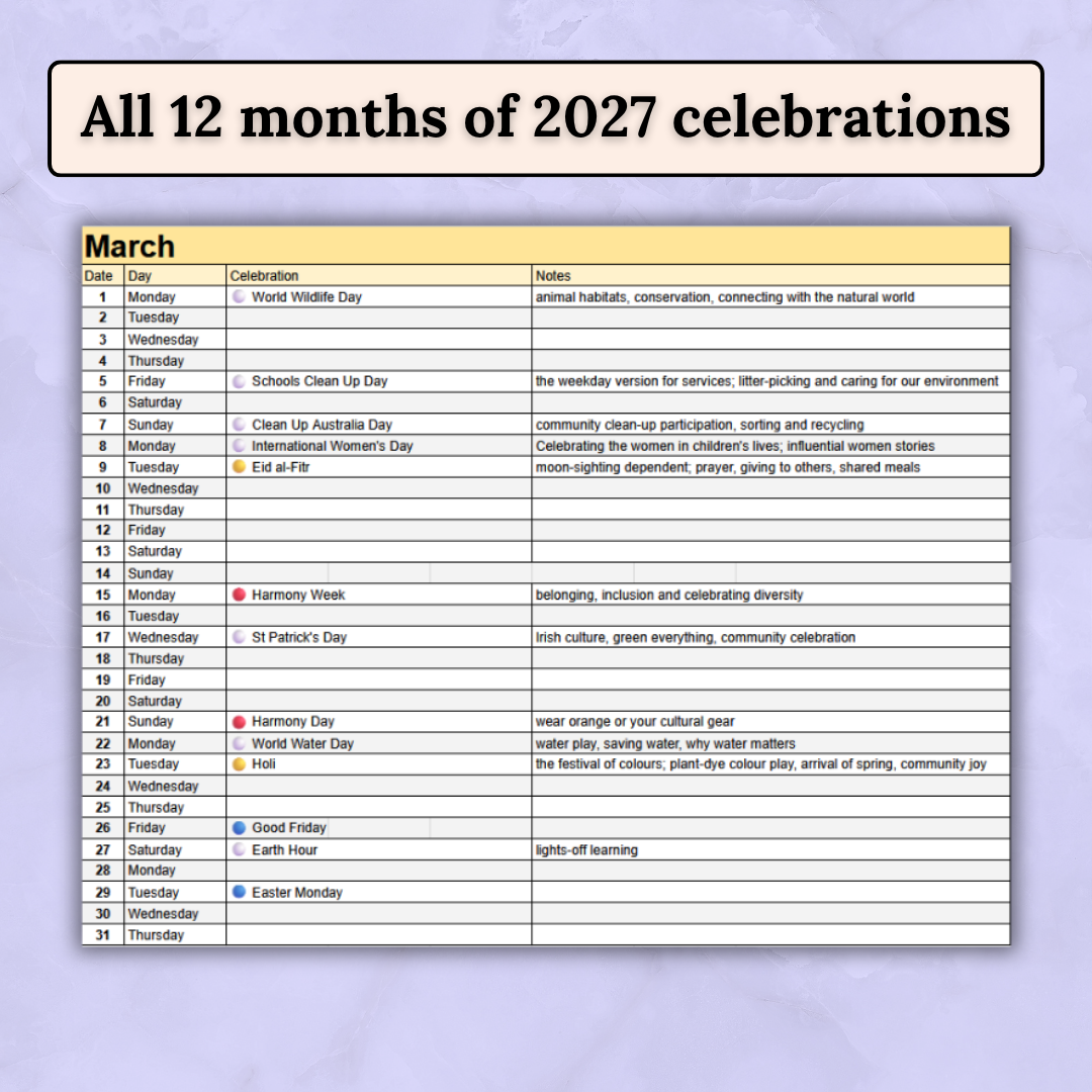 2027 Celebrations Calendar for Australian Early Childhood Educators
