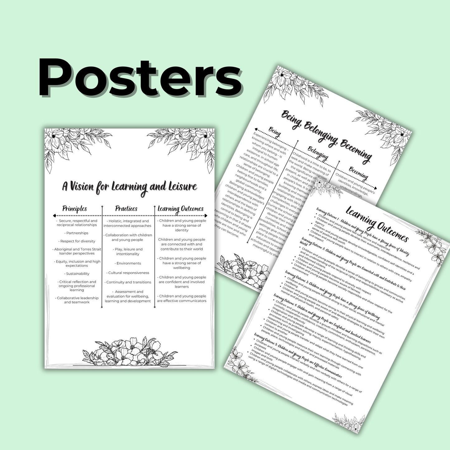 MTOP 2.0 Updated Posters and Cheat Sheets - Minimalist Design for Learning Outcomes, Principles and Practices Early Years Learning Framework